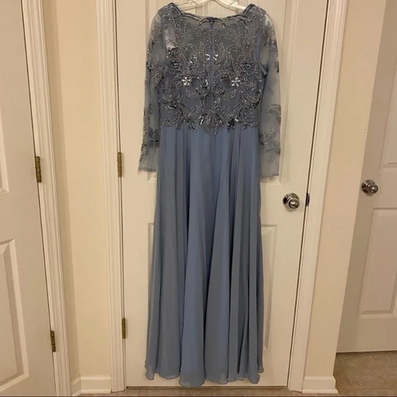 XSCAPE Petite Sequin Embellished Long Sleeve BoatNeck Chiffon Gown in Dusty Blue - Picture 9 of 10